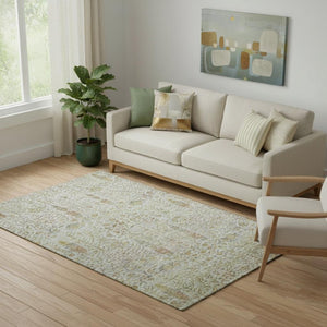 HomeRoots 8' Elegant Linen and Gold Floral Vines Round Rug - Washable, UV-Protected, Pet-Friendly Design 716614