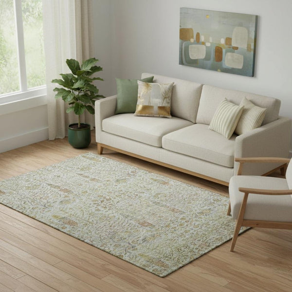 HomeRoots 8' Elegant Linen and Gold Floral Vines Round Rug - Washable, UV-Protected, Pet-Friendly Design 716614