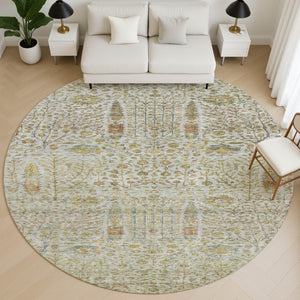 HomeRoots 8' X 10' Elegant Washable Linen & Gold Floral Area Rug with UV Protection for Pet-Friendly Homes 716615
