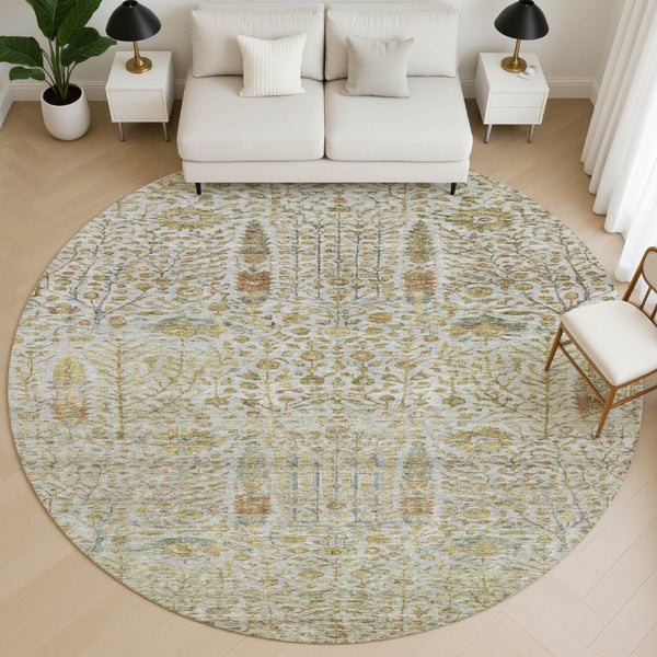 HomeRoots 8' X 10' Elegant Washable Linen & Gold Floral Area Rug with UV Protection for Pet-Friendly Homes 716615