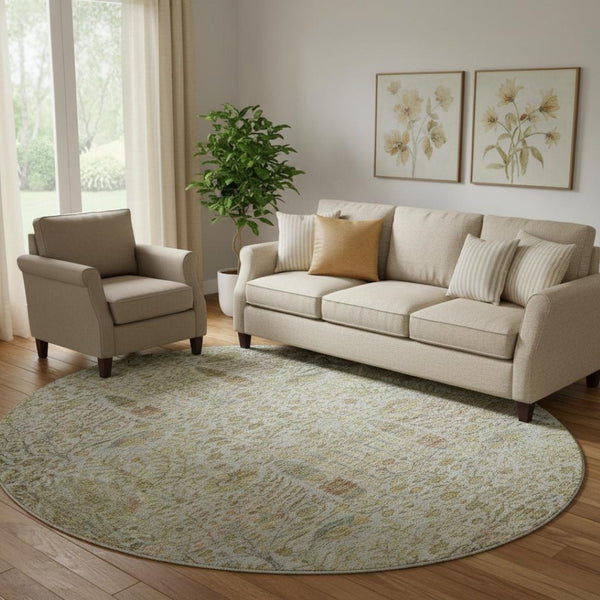 HomeRoots 8' X 10' Elegant Washable Linen & Gold Floral Area Rug with UV Protection for Pet-Friendly Homes 716615