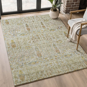 HomeRoots 9' X 12' Elegant Linen & Gold Floral Vines Area Rug - Washable, UV Protected, Stain Resistant Decor 716616
