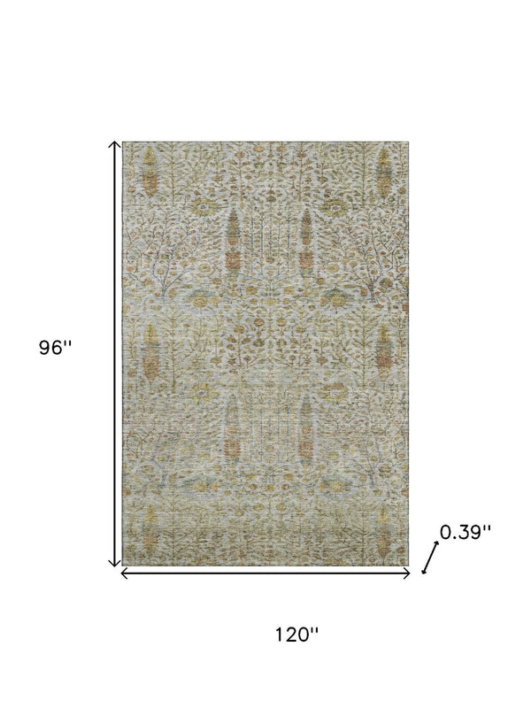 HomeRoots 9' X 12' Elegant Linen & Gold Floral Vines Area Rug - Washable, UV Protected, Stain Resistant Decor 716616