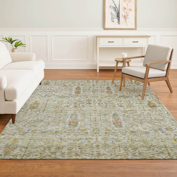 HomeRoots 9' X 12' Elegant Linen & Gold Floral Vines Area Rug - Washable, UV Protected, Stain Resistant Decor 716616