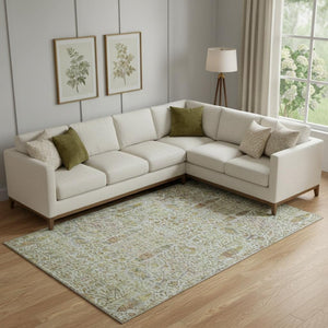 HomeRoots 9' X 12' Elegant Linen & Gold Floral Vines Area Rug - Washable, UV Protected, Stain Resistant Decor 716616