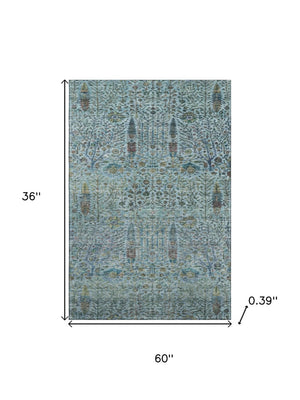 HomeRoots 5' X 8' Teal and Pale Aqua Washable Area Rug with Floral Vines – UV Protection for Busy Homes! 716619
