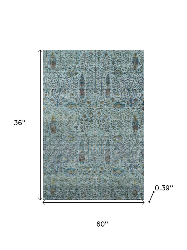 HomeRoots 5' X 8' Teal and Pale Aqua Washable Area Rug with Floral Vines – UV Protection for Busy Homes! 716619