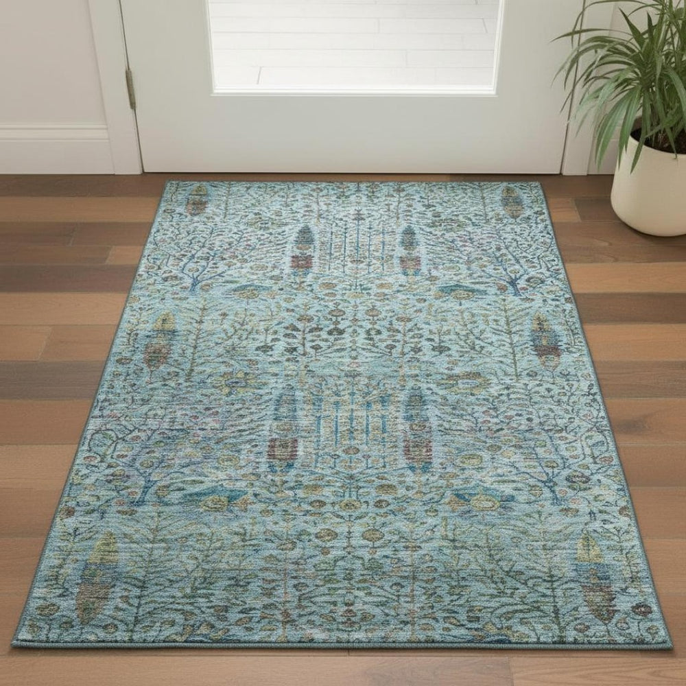 HomeRoots 5' X 8' Teal and Pale Aqua Washable Area Rug with Floral Vines – UV Protection for Busy Homes! 716619