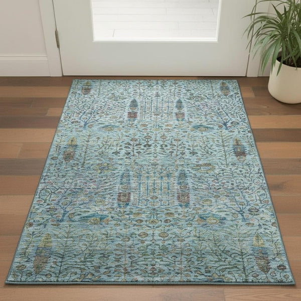 HomeRoots 5' X 8' Teal and Pale Aqua Washable Area Rug with Floral Vines – UV Protection for Busy Homes! 716619
