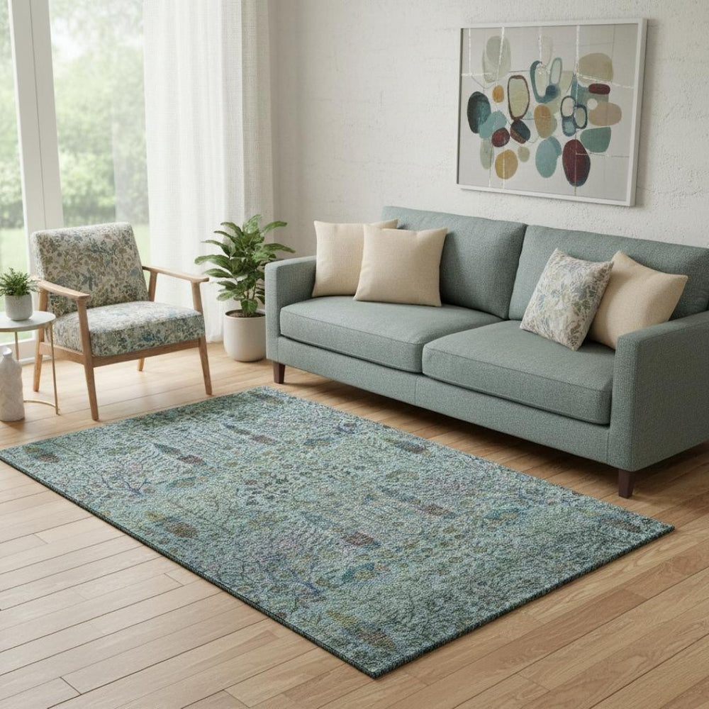 HomeRoots 8' Teal And Pale Aqua Floral Vines Round Rug - Washable, UV-Protected, Durable & Stylish Home Decor 716620