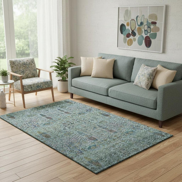 HomeRoots 8' Teal And Pale Aqua Floral Vines Round Rug - Washable, UV-Protected, Durable & Stylish Home Decor 716620