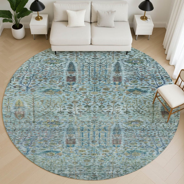 HomeRoots 8' X 10' Teal Floral Vines Area Rug - Machine Washable, UV Protected, Stain Resistant & Non-Slip 716621