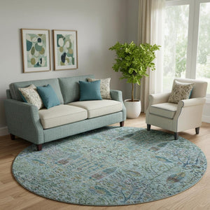 HomeRoots 8' X 10' Teal Floral Vines Area Rug - Machine Washable, UV Protected, Stain Resistant & Non-Slip 716621