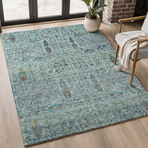 HomeRoots 9' X 12' Teal & Aqua Floral Vines Washable Area Rug - Durable, UV Protected for Active Homes! 716622
