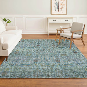 HomeRoots 9' X 12' Teal & Aqua Floral Vines Washable Area Rug - Durable, UV Protected for Active Homes! 716622