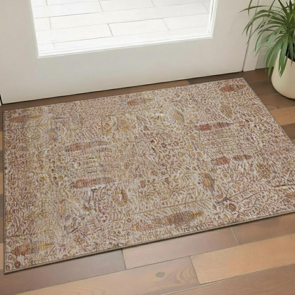 HomeRoots 5' X 8' Terra Cotta Floral Vines Washable Area Rug with UV Protection for Stylish Homes & Pets 716625