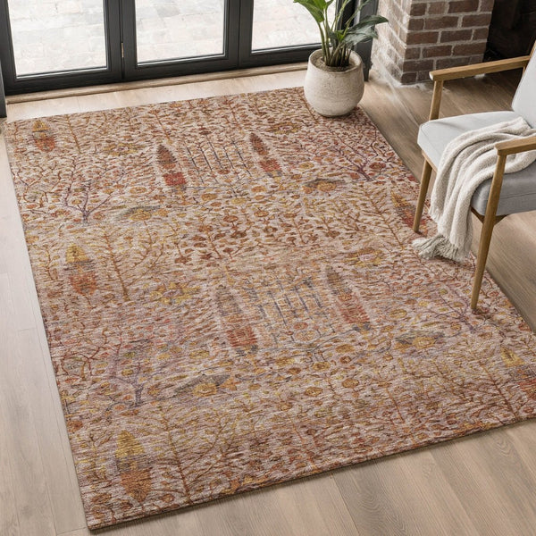 HomeRoots 10' X 14' Transitional Terra Cotta Floral Area Rug – Machine Washable, UV Protected, Stain Resistant! 716629