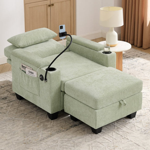 English Elm Single Chenille Manual Recliner with Usb Port Hidden Storage Ottoman and Cup Holders Cyan W487P423654