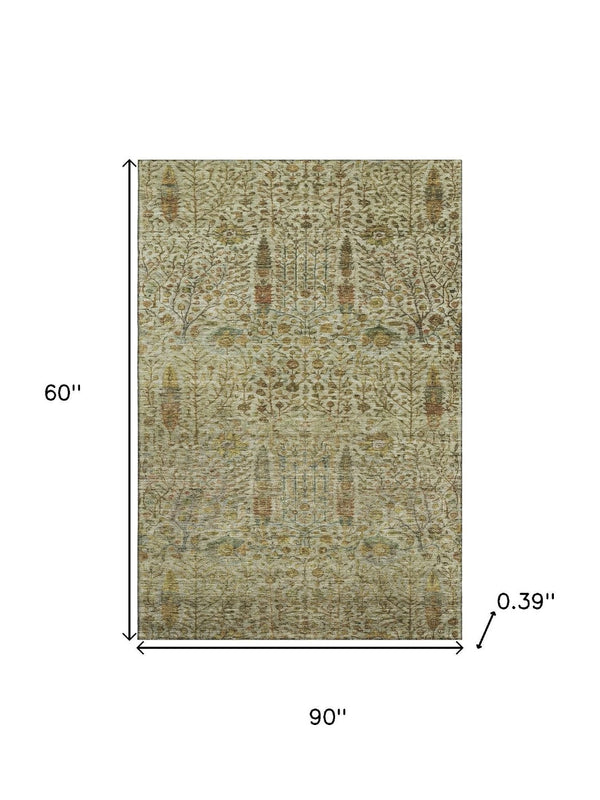 HomeRoots 8' Washable Floral Rug with Wheat and Gold Vines, UV Protection & Non-Slip Backing for Homes 716632