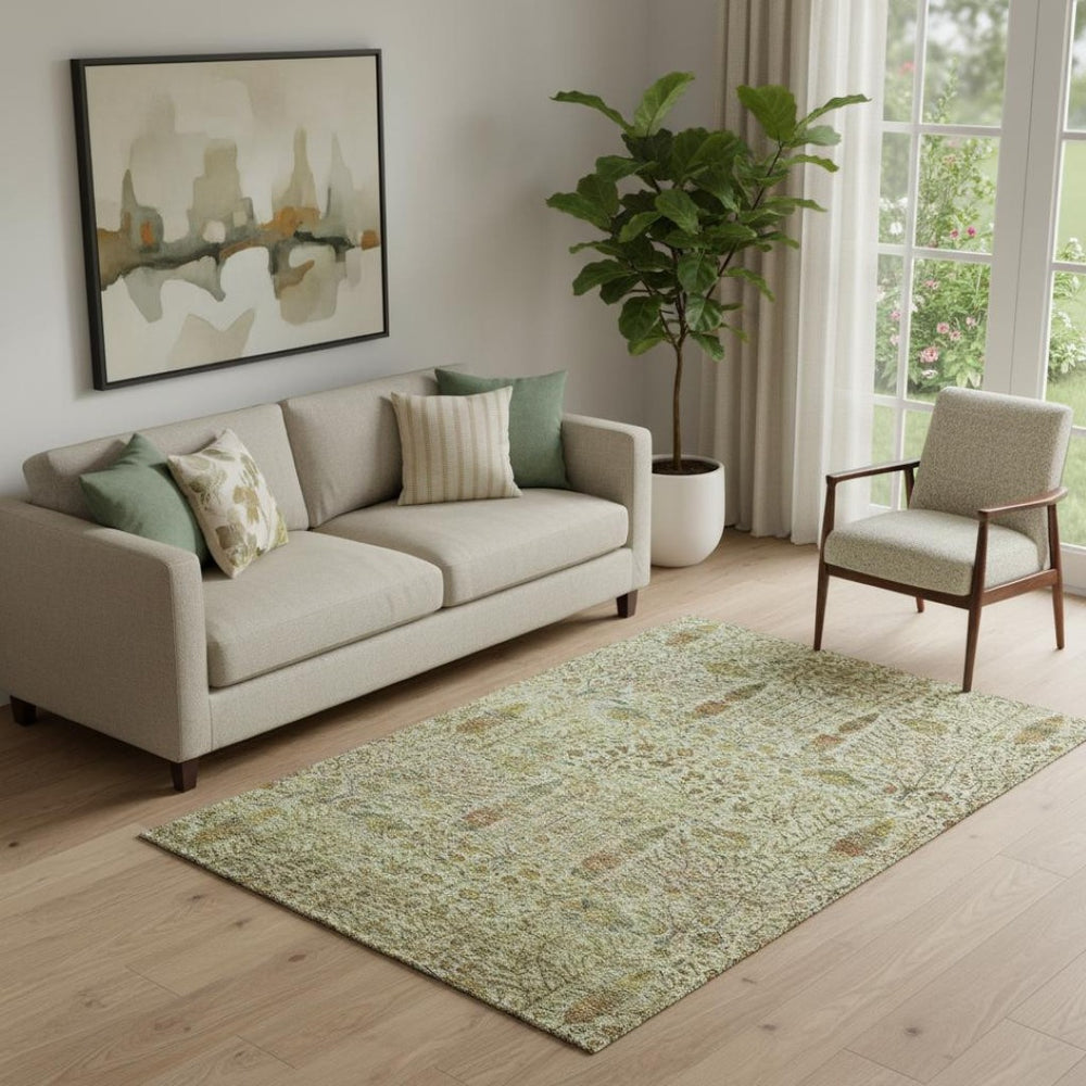 HomeRoots 8' Washable Floral Rug with Wheat and Gold Vines, UV Protection & Non-Slip Backing for Homes 716632