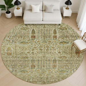 HomeRoots 8' X 10' Washable Floral Vines Area Rug - Wheat & Gold, UV Resistant, Stain-Resistant & Durable Design 716633
