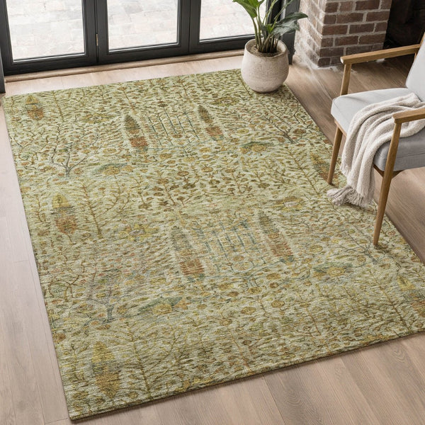 HomeRoots 10' X 14' Washable Floral Vines Area Rug with UV Protection in Wheat & Gold - Perfect for Families! 716635