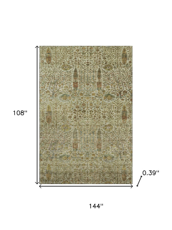HomeRoots 10' X 14' Washable Floral Vines Area Rug with UV Protection in Wheat & Gold - Perfect for Families! 716635