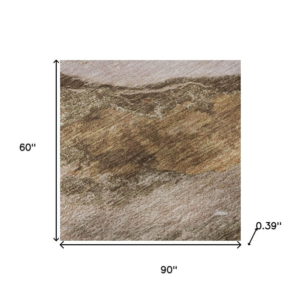 HomeRoots 8' Brown And Ivory Abstract Washable Round Rug - Durable, UV-Protected, Ideal for High-Traffic Areas 716638