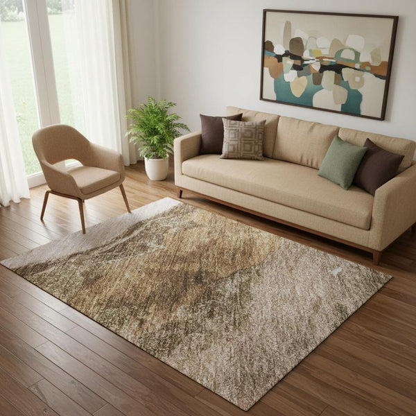 HomeRoots 8' Brown And Ivory Abstract Washable Round Rug - Durable, UV-Protected, Ideal for High-Traffic Areas 716638