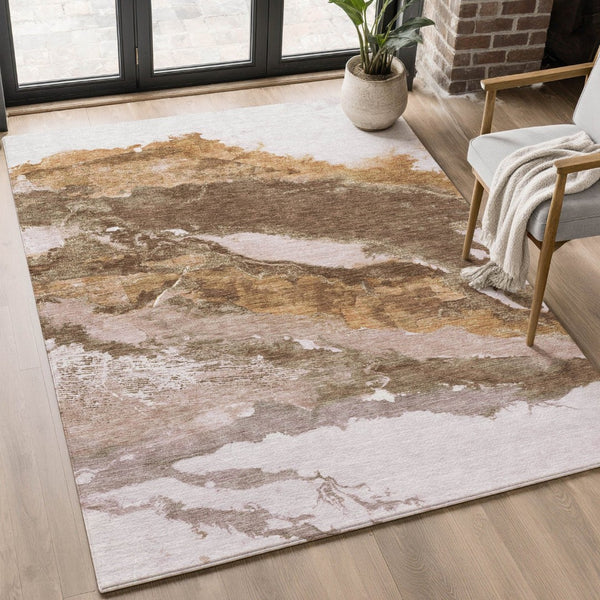 HomeRoots 10' X 14' Washable Brown and Ivory Abstract Area Rug with UV Protection for Family-Friendly Spaces 716641