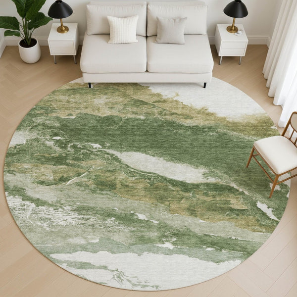 HomeRoots 8' x 10' Contemporary Green & Ivory Abstract Washable Area Rug with UV Protection & Easy Care 716645