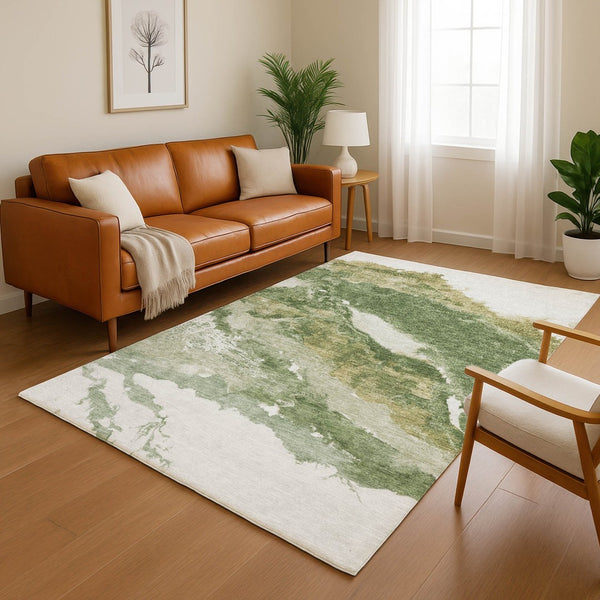 HomeRoots 10' X 14' Green and Ivory Abstract Area Rug - Washable, UV-Protected, Ideal for High-Traffic Areas! 716647