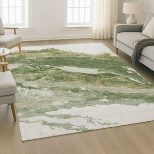 HomeRoots 10' X 14' Green and Ivory Abstract Area Rug - Washable, UV-Protected, Ideal for High-Traffic Areas! 716647
