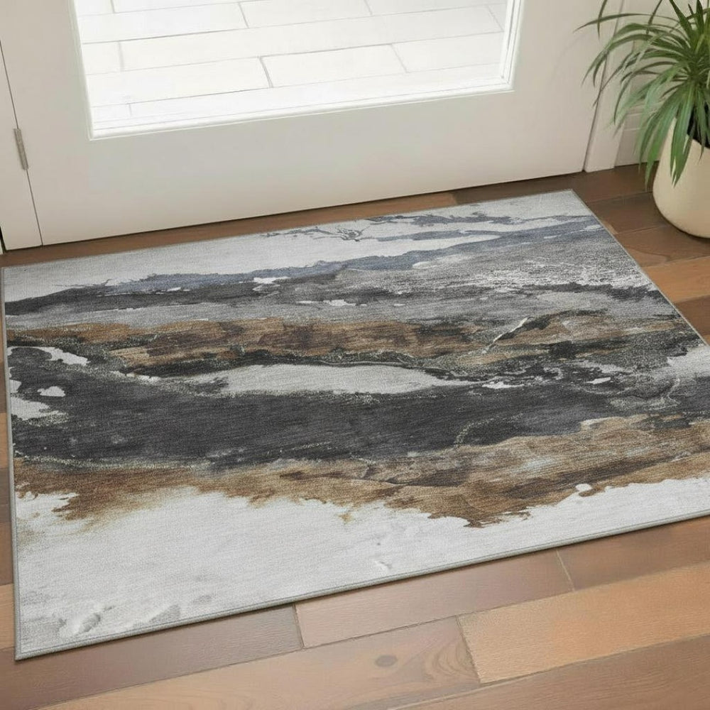 HomeRoots 5' X 8' Gray and Ivory Abstract Area Rug - Washable, UV Protected, Modern Design for High-Traffic Areas 716649