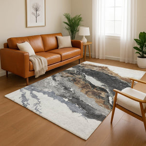HomeRoots 8' Gray And Ivory Abstract Washable Round Rug - UV Protected, Durable, Family-Friendly Design! 716650