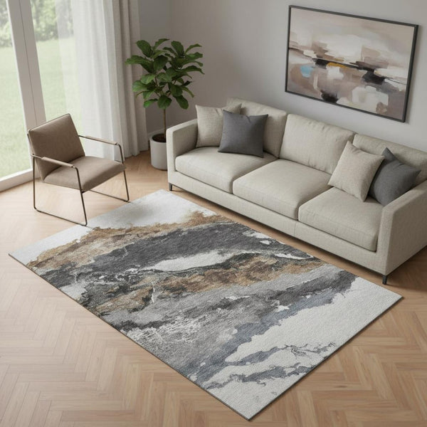 HomeRoots 8' Gray And Ivory Abstract Washable Round Rug - UV Protected, Durable, Family-Friendly Design! 716650