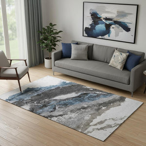 HomeRoots 8' Pewter and Ivory Abstract Washable Round Rug - UV Protected, Stain Resistant, Stylish for Homes 716656