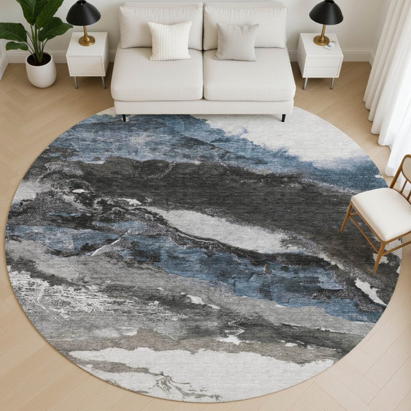 HomeRoots 8' X 10' Washable Pewter & Ivory Abstract Area Rug – Durable, UV Protected, Stain Resistant Design! 716657