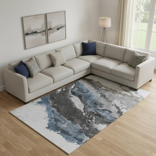 HomeRoots 9' X 12' Abstract Pewter and Ivory Washable Area Rug with UV Protection for Modern Homes 716658