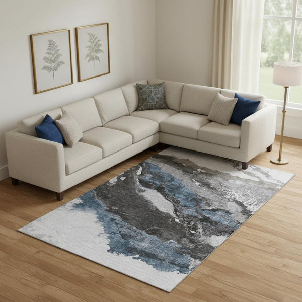 HomeRoots 10' X 14' Modern Pewter and Ivory Abstract Area Rug - Washable, UV Protected, Perfect for Families 716659