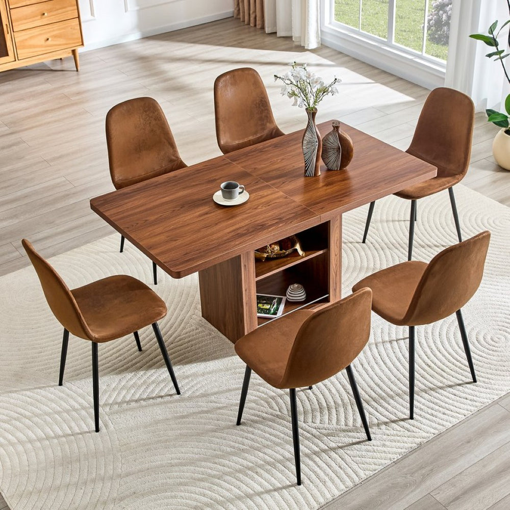 English Elm Expandable Walnut Dining Set with Six Upholstered Chairs for Modern Home Interiors W1151S04710
