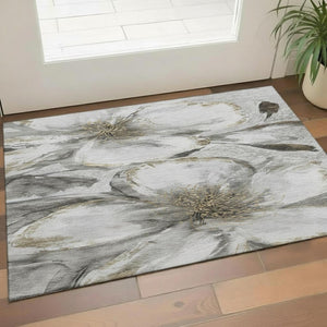 HomeRoots 5' X 8' Silver And Gray Floral Area Rug – Stylish, Washable, UV-Protected for High-Traffic Spaces 716661