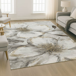 HomeRoots 8' Silver And Gray Floral Washable Round Rug - Family-Friendly, UV Protected, Durable Home Decor 716662