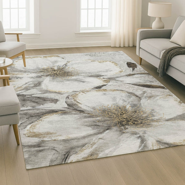 HomeRoots 8' Silver And Gray Floral Washable Round Rug - Family-Friendly, UV Protected, Durable Home Decor 716662