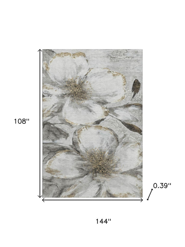 HomeRoots 10' X 14' Silver and Gray Floral Washable Area Rug - Stain Resistant, UV Protected, Ideal for Homes 716665