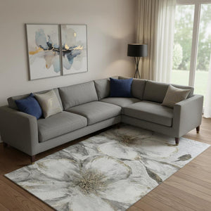 HomeRoots 10' X 14' Silver and Gray Floral Washable Area Rug - Stain Resistant, UV Protected, Ideal for Homes 716665