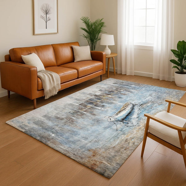 HomeRoots 5' Nautical Blue and Beige Washable Area Rug - Durable, Stain Resistant, UV Protected, Non-Slip Backing 716667