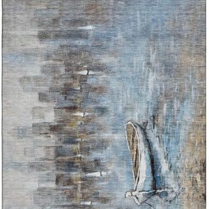 HomeRoots 5' Nautical Blue and Beige Washable Area Rug - Durable, Stain Resistant, UV Protected, Non-Slip Backing 716667