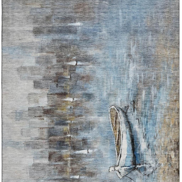 HomeRoots 5' Nautical Blue and Beige Washable Area Rug - Durable, Stain Resistant, UV Protected, Non-Slip Backing 716667