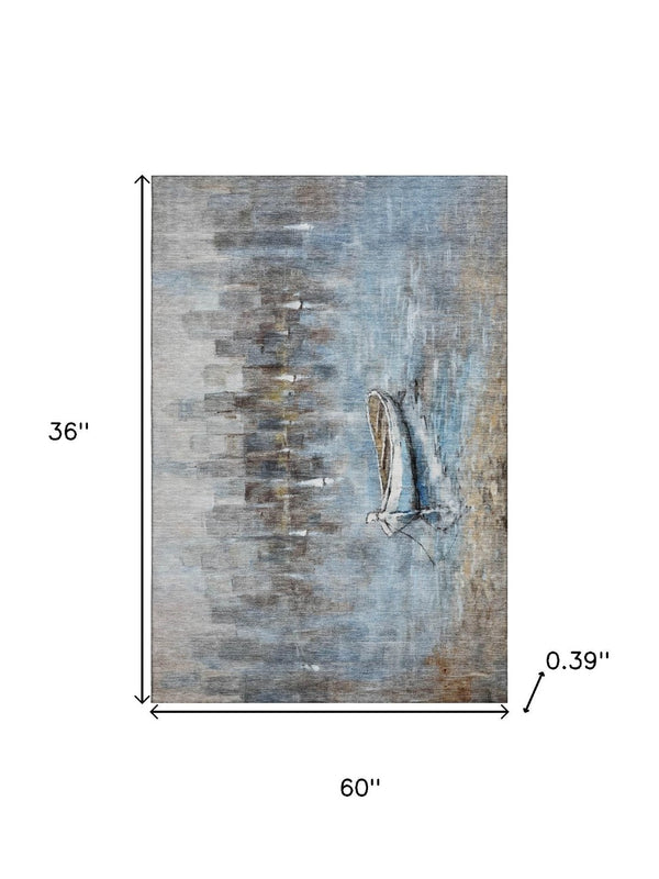 HomeRoots 5' Nautical Blue and Beige Washable Area Rug - Durable, Stain Resistant, UV Protected, Non-Slip Backing 716667